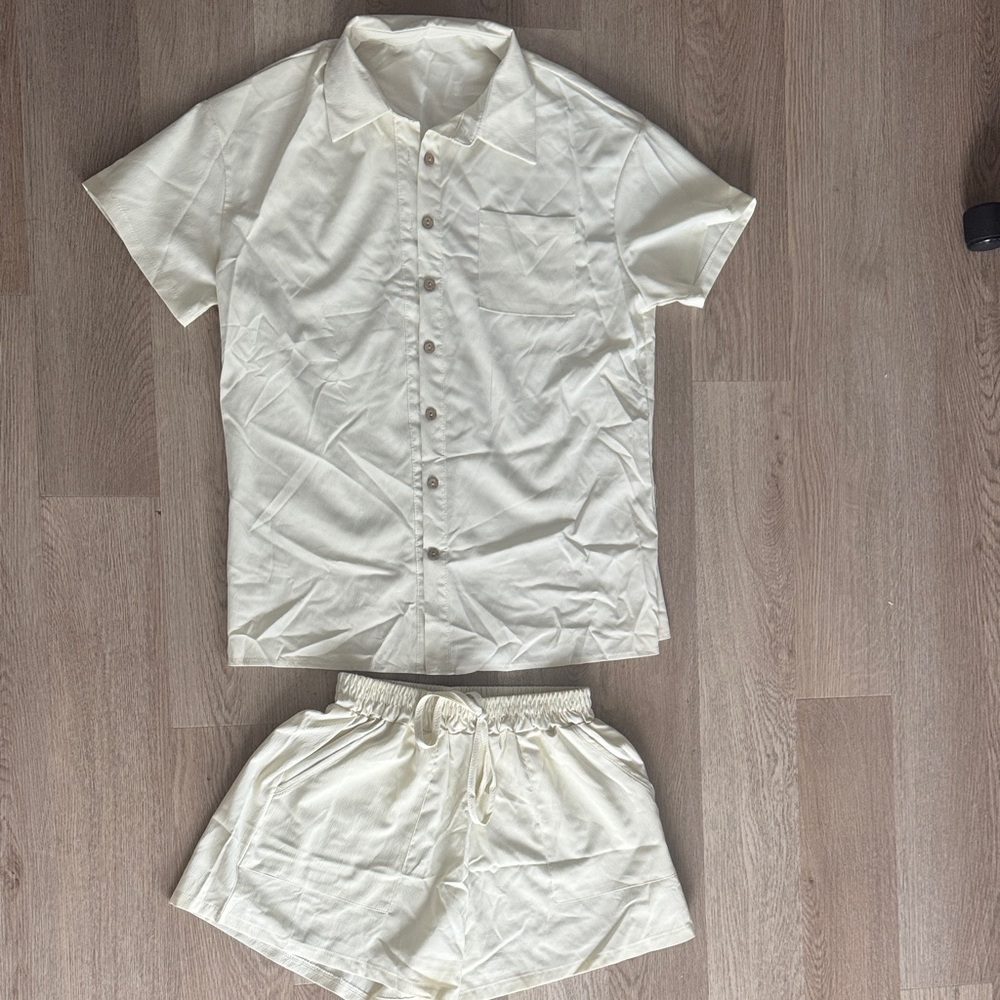 Cream Short Sleeve Button-Up Shirt and Shorts Set